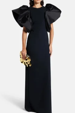 Puff Sleeves Silk Blend Evening Gown in Black