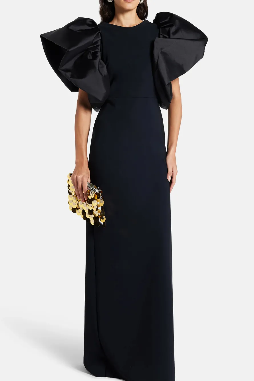 Puff Sleeves Silk Blend Evening Gown in Black