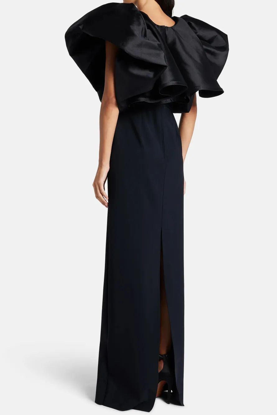 Puff Sleeves Silk Blend Evening Gown in Black