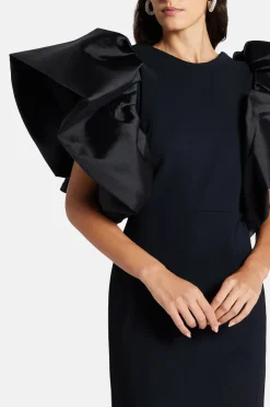 Puff Sleeves Silk Blend Evening Gown in Black