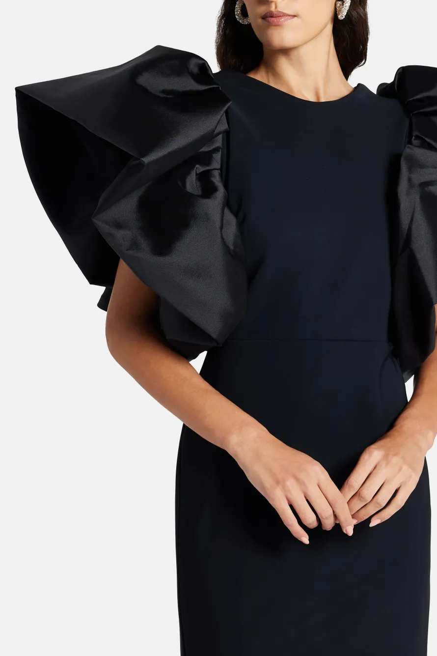 Puff Sleeves Silk Blend Evening Gown in Black