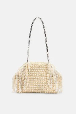 Raffia Pearl Fringe Clutch Bag in Cream