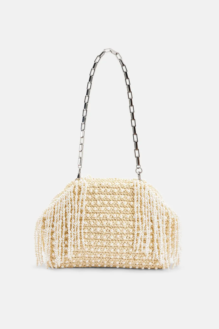 Raffia Pearl Fringe Clutch Bag in Cream