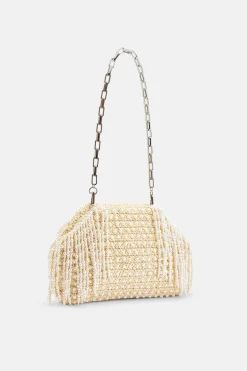 Raffia Pearl Fringe Clutch Bag in Cream
