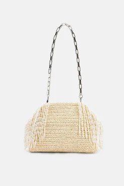 Raffia Pearl Fringe Clutch Bag in Cream