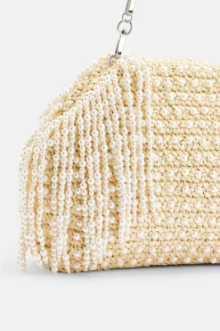 Raffia Pearl Fringe Clutch Bag in Cream