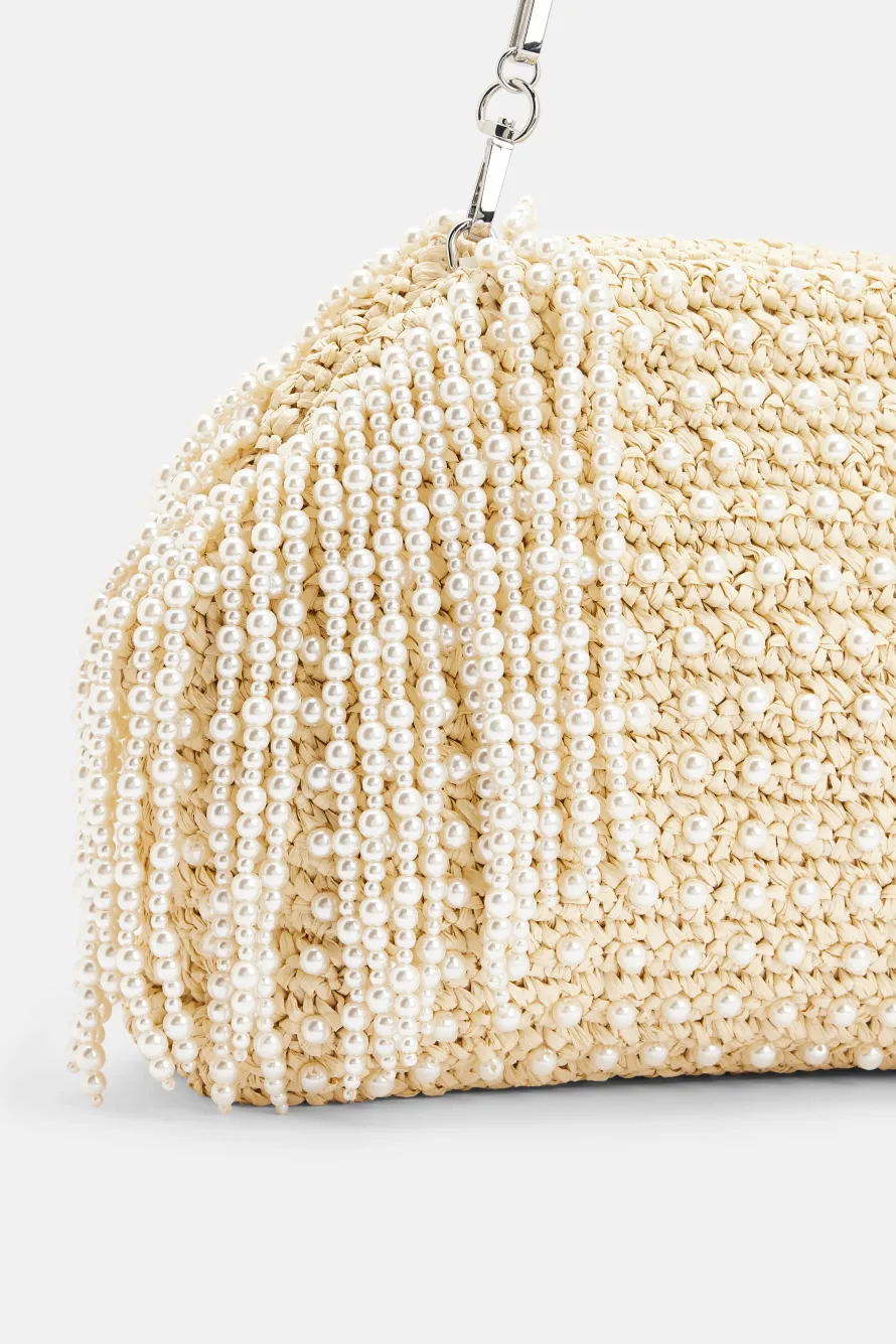 Raffia Pearl Fringe Clutch Bag in Cream