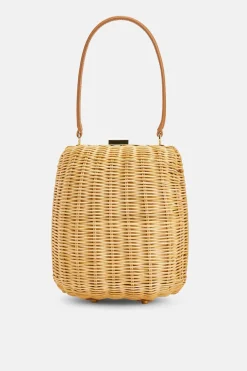Rattan Top Handle Bag with Keychain in Brown