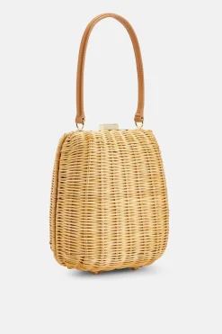 Rattan Top Handle Bag with Keychain in Brown