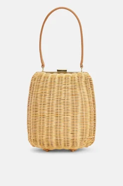 Rattan Top Handle Bag with Keychain in Brown