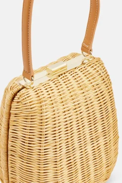 Rattan Top Handle Bag with Keychain in Brown