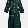 Renee Balloon Sleeves Silver Stars Embellished Evening Dress in Green