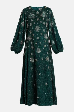Renee Balloon Sleeves Silver Stars Embellished Evening Dress in Green