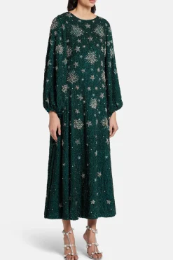 Renee Balloon Sleeves Silver Stars Embellished Evening Dress in Green