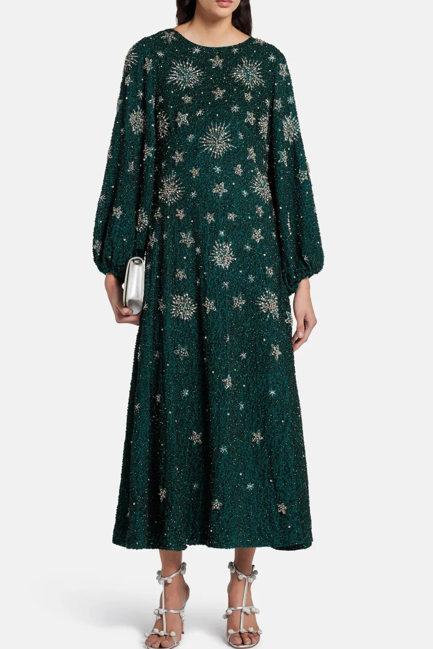 Renee Balloon Sleeves Silver Stars Embellished Evening Dress in Green