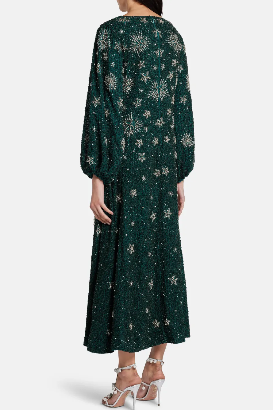 Renee Balloon Sleeves Silver Stars Embellished Evening Dress in Green