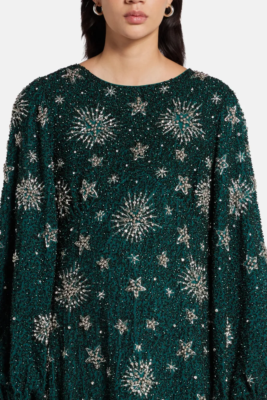 Renee Balloon Sleeves Silver Stars Embellished Evening Dress in Green