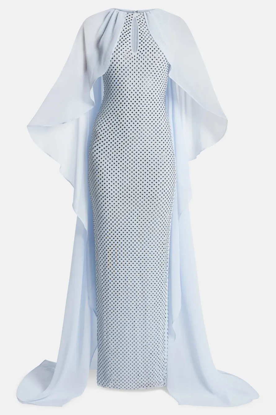 Rhinestone Cape Evening Dress in Blue