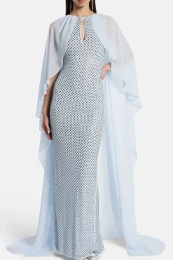Rhinestone Cape Evening Dress in Blue