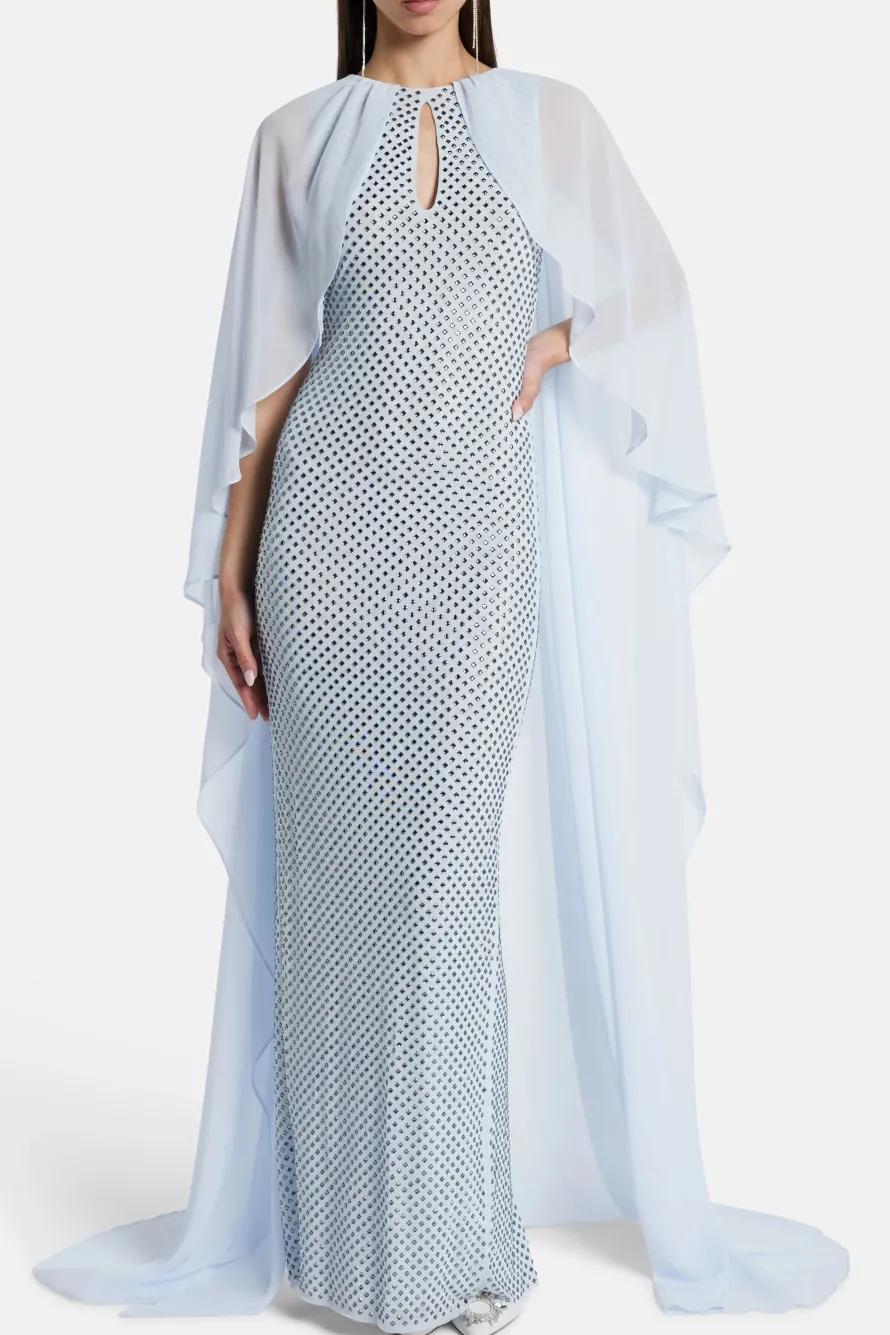 Rhinestone Cape Evening Dress in Blue
