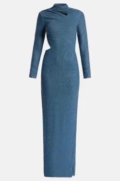 Rhinestone Neck Cut Out Evening Dress in Blue