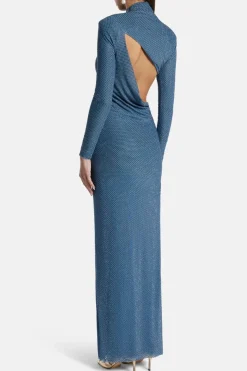 Rhinestone Neck Cut Out Evening Dress in Blue
