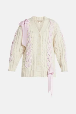 Ribbon Cables Kassius Bow Knit Cardigan in White/ Pink