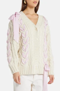 Ribbon Cables Kassius Bow Knit Cardigan in White/ Pink