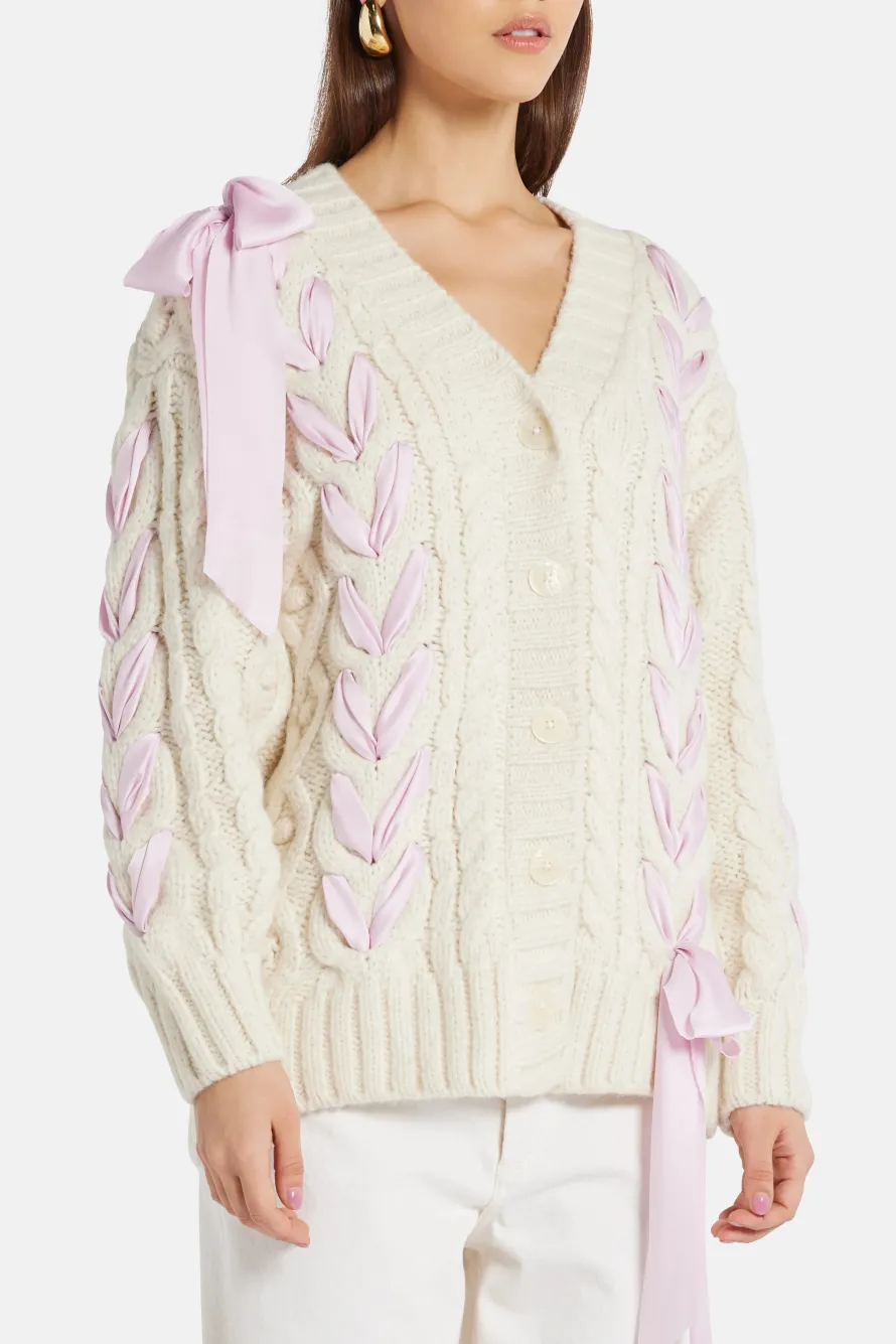 Ribbon Cables Kassius Bow Knit Cardigan in White/ Pink