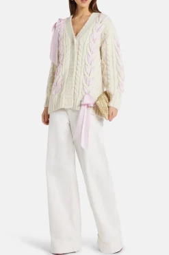 Ribbon Cables Kassius Bow Knit Cardigan in White/ Pink