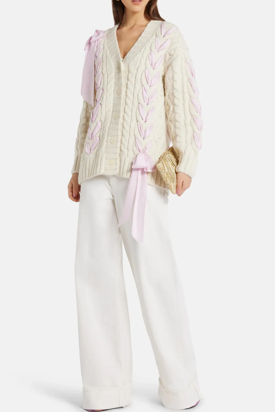 Ribbon Cables Kassius Bow Knit Cardigan in White/ Pink