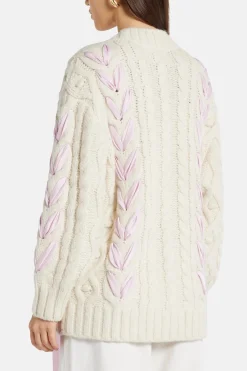 Ribbon Cables Kassius Bow Knit Cardigan in White/ Pink