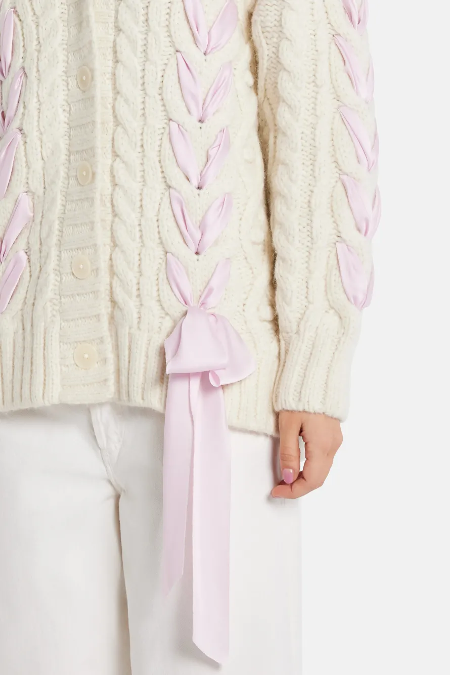 Ribbon Cables Kassius Bow Knit Cardigan in White/ Pink