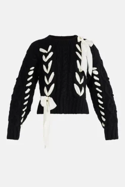 Ribbon Cables Parson Bow Knit Pullover Top in Black/ White
