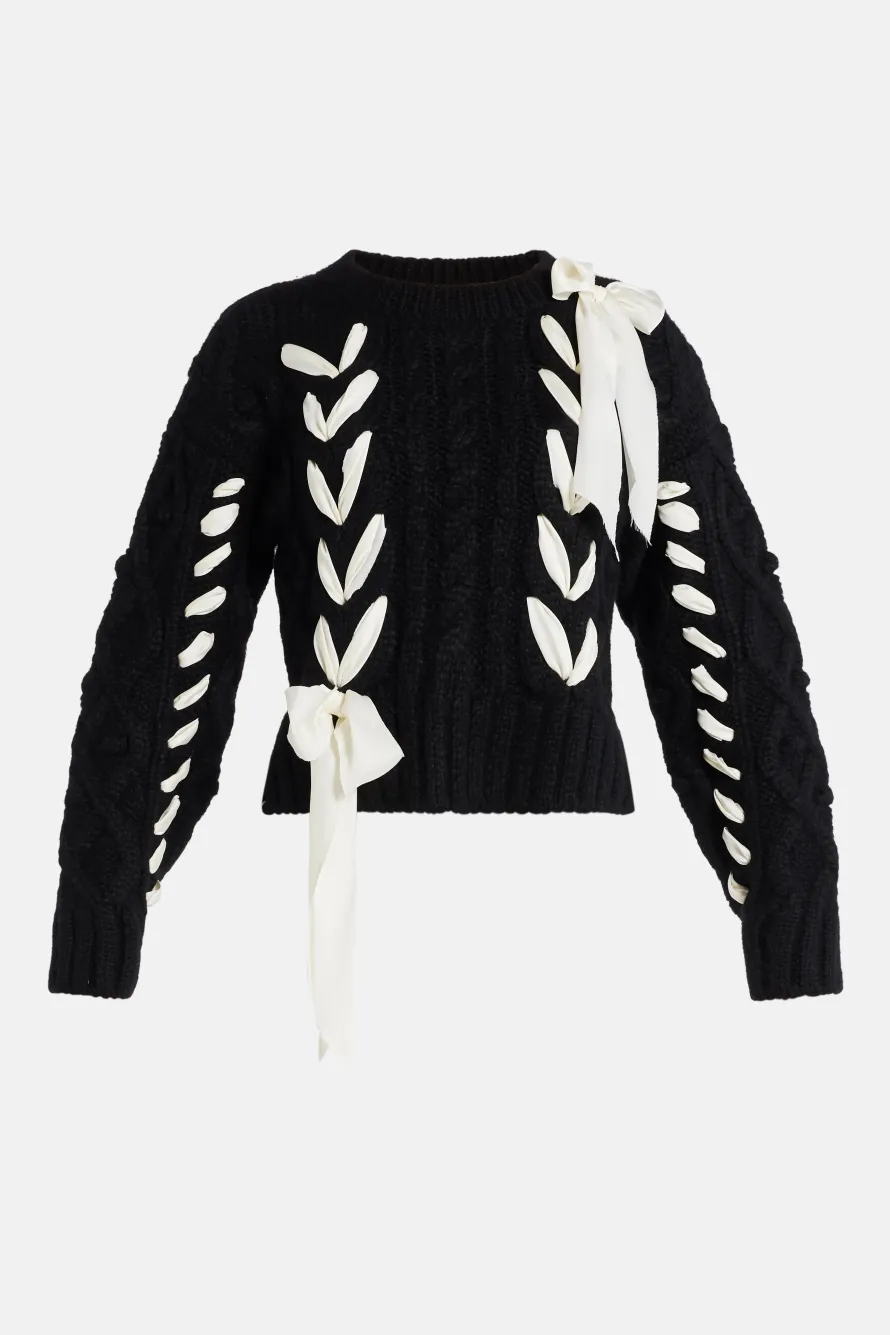 Ribbon Cables Parson Bow Knit Pullover Top in Black/ White