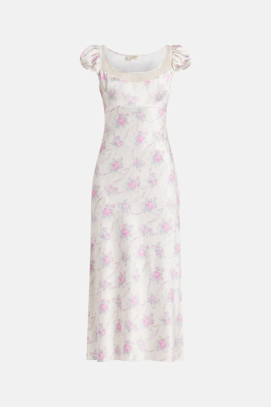Rose Park Picnic Charmeuse Joelette Floral Maxi Dress in White/ Pink