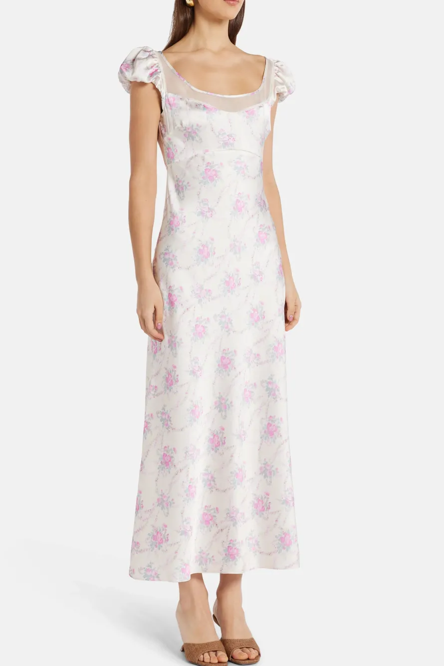 Rose Park Picnic Charmeuse Joelette Floral Maxi Dress in White/ Pink