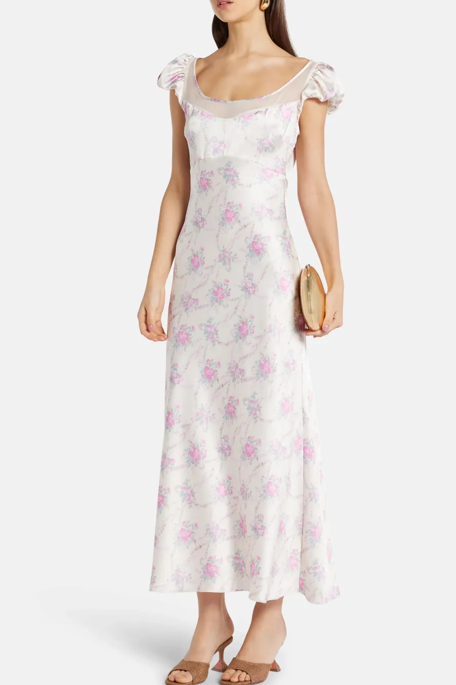 Rose Park Picnic Charmeuse Joelette Floral Maxi Dress in White/ Pink