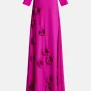 Rosette Floral Applique Round Neck Trapeze Evening Gown in Pink