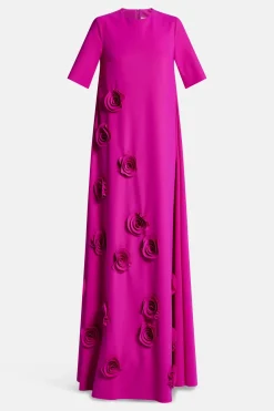 Rosette Floral Applique Round Neck Trapeze Evening Gown in Pink