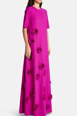 Rosette Floral Applique Round Neck Trapeze Evening Gown in Pink
