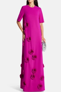 Rosette Floral Applique Round Neck Trapeze Evening Gown in Pink