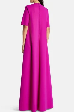 Rosette Floral Applique Round Neck Trapeze Evening Gown in Pink