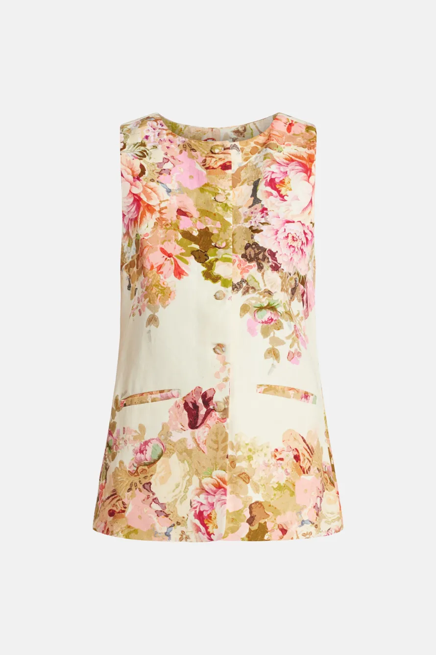 Sama Floral Cotton Waist Coat Top in Ivory