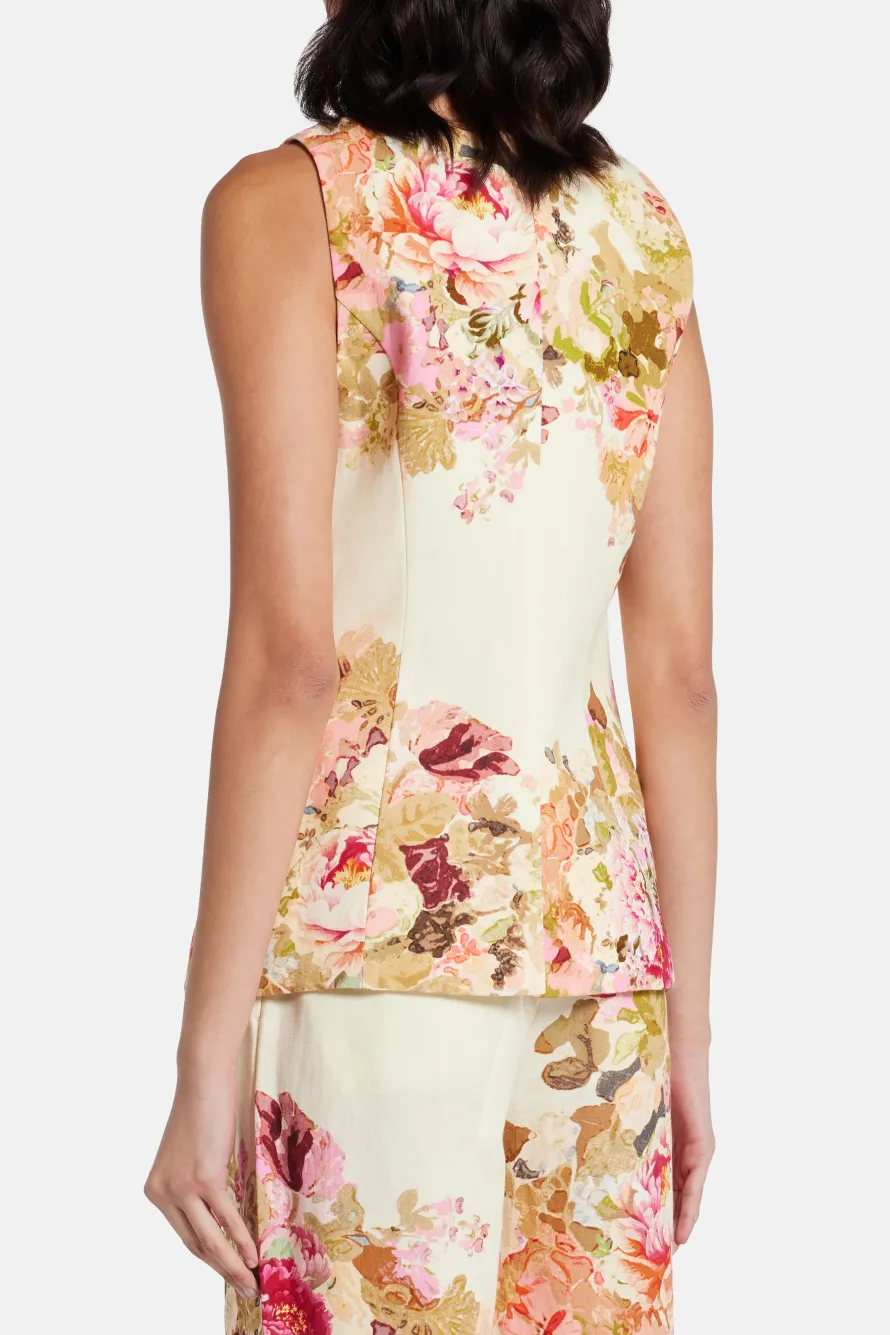 Sama Floral Cotton Waist Coat Top in Ivory