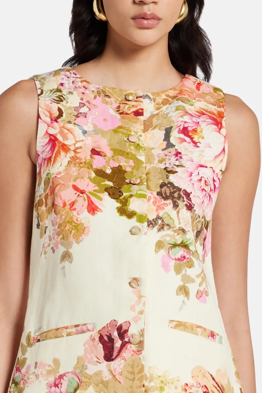 Sama Floral Cotton Waist Coat Top in Ivory