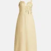 Sand Flowered Bust Sleeveless Linen Midi Dress in Yellow