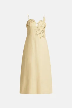 Sand Flowered Bust Sleeveless Linen Midi Dress in Yellow