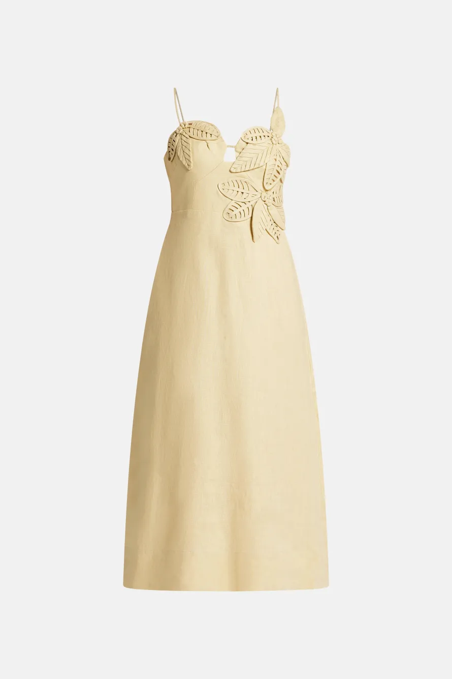 Sand Flowered Bust Sleeveless Linen Midi Dress in Yellow