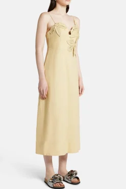 Sand Flowered Bust Sleeveless Linen Midi Dress in Yellow